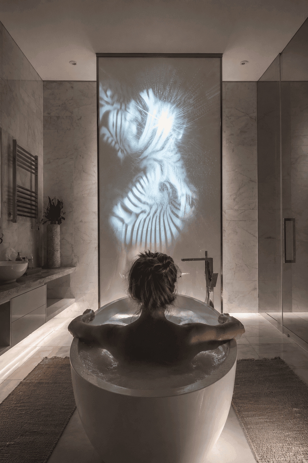 A person in a bath faces a luminous abstract composition on the wall.