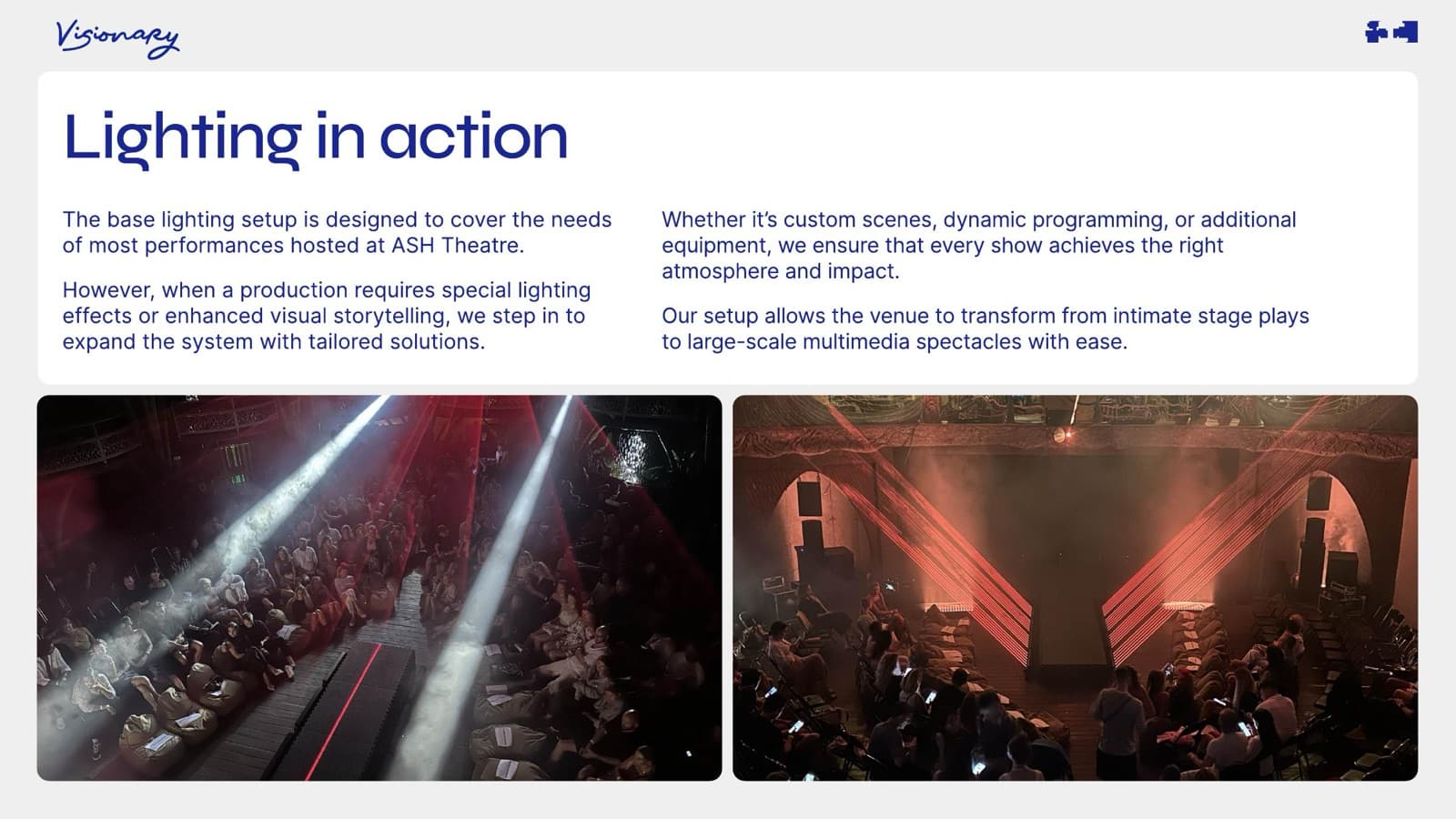 Two scenes from ASH Theatre — audience-lit and stage-lit performance modes.