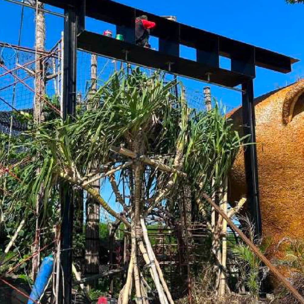 Bamboo scaffolding and venue construction — the beach club taking shape around the sculpture.