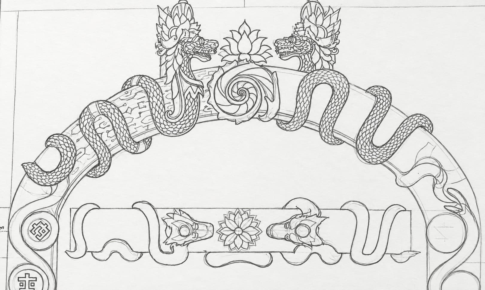 The first pencil sketch for the Nuanu Gate arch, with snakes, dragons, a shell and floral symbols