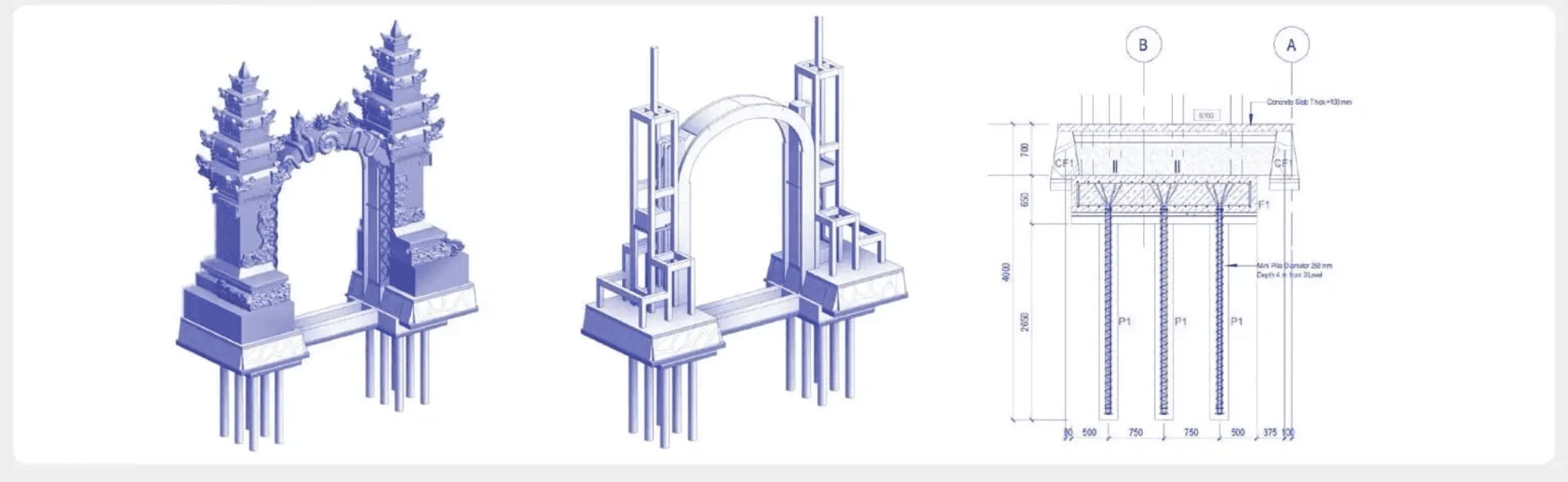Architectural concept, structural frame and foundation diagrams for Nuanu Gate